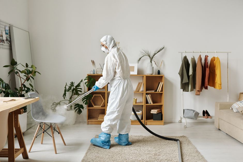 Two professional cleaners in uniform standing back-to-back against a plain white wall, one holding a vacuum cleaner and the other a mop with a green handle, ready for surface and deep cleaning tasks i